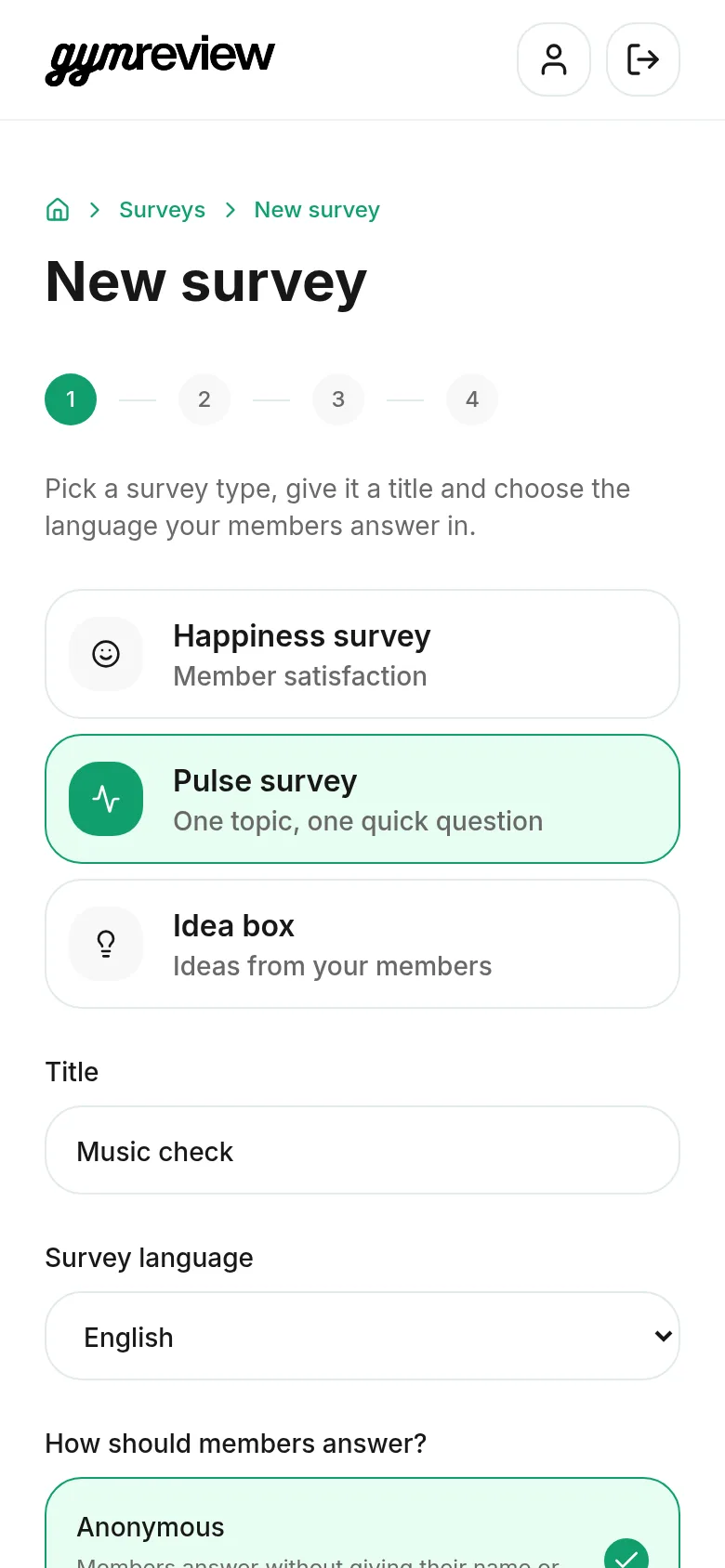 Step 1 of a Pulse survey: type, title and language