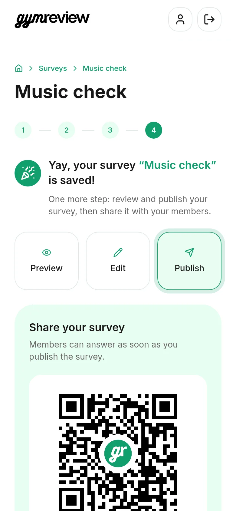 Pulse survey saved, with QR code and publish button