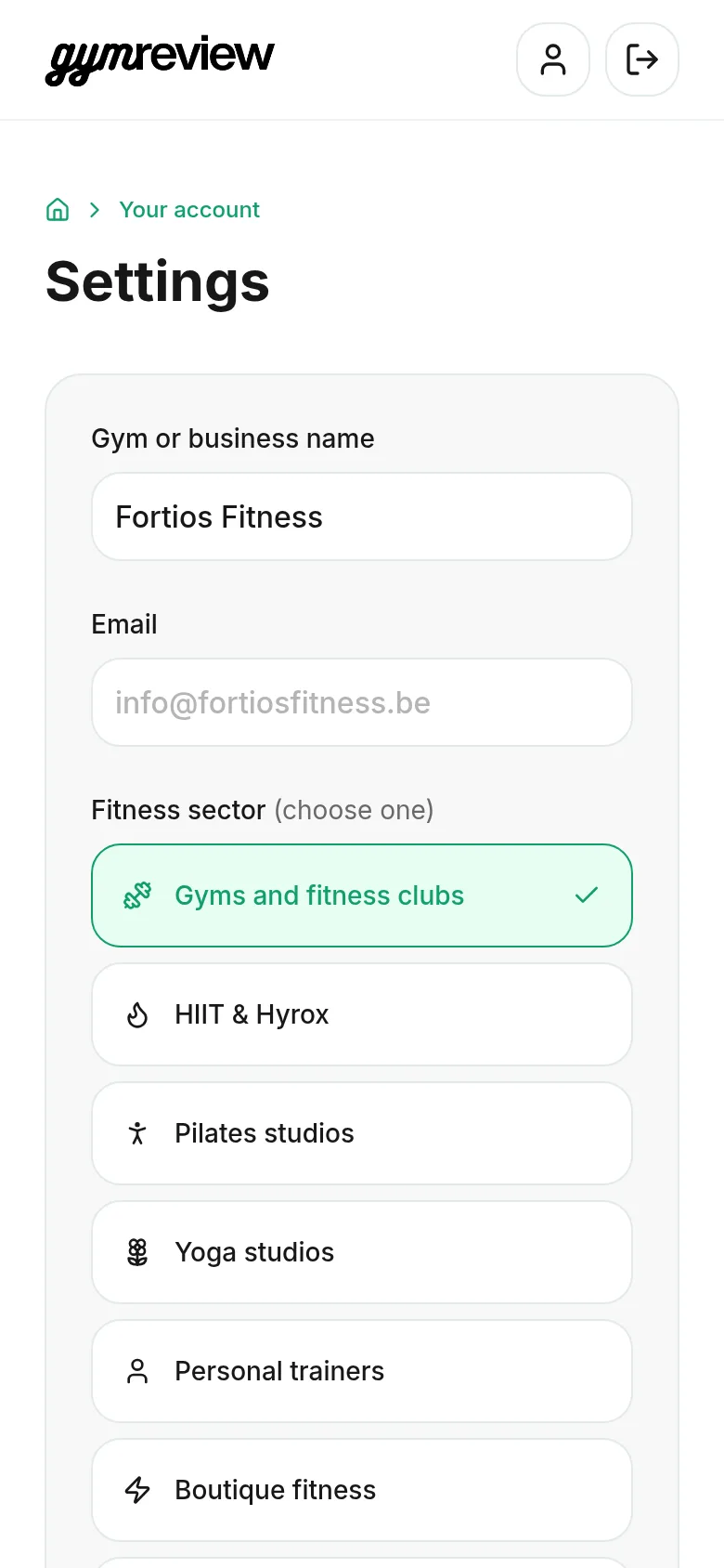 Settings with business name, email and sector