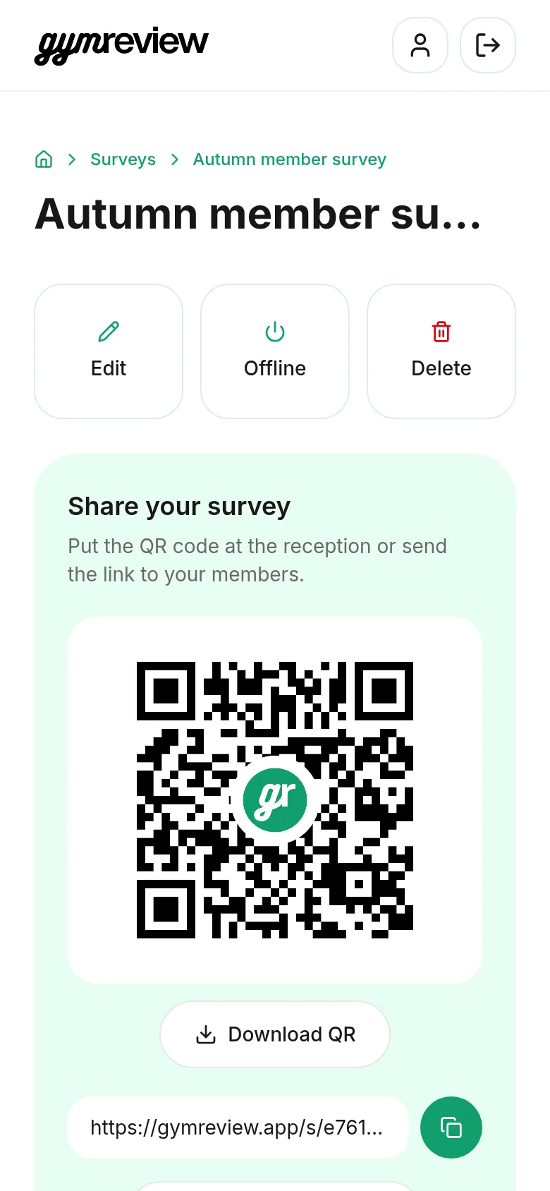 Survey page with QR code and link