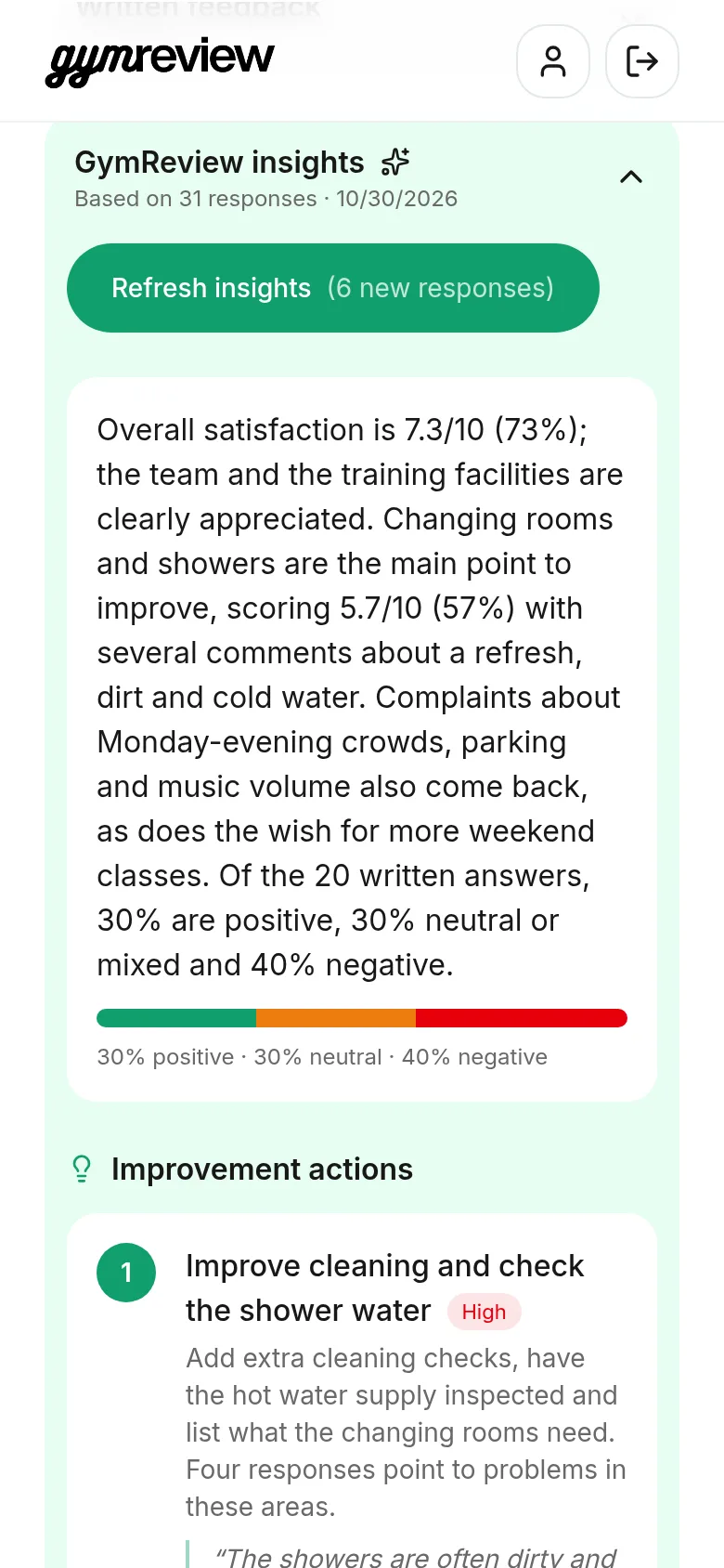 Improvement actions with priority and member quotes