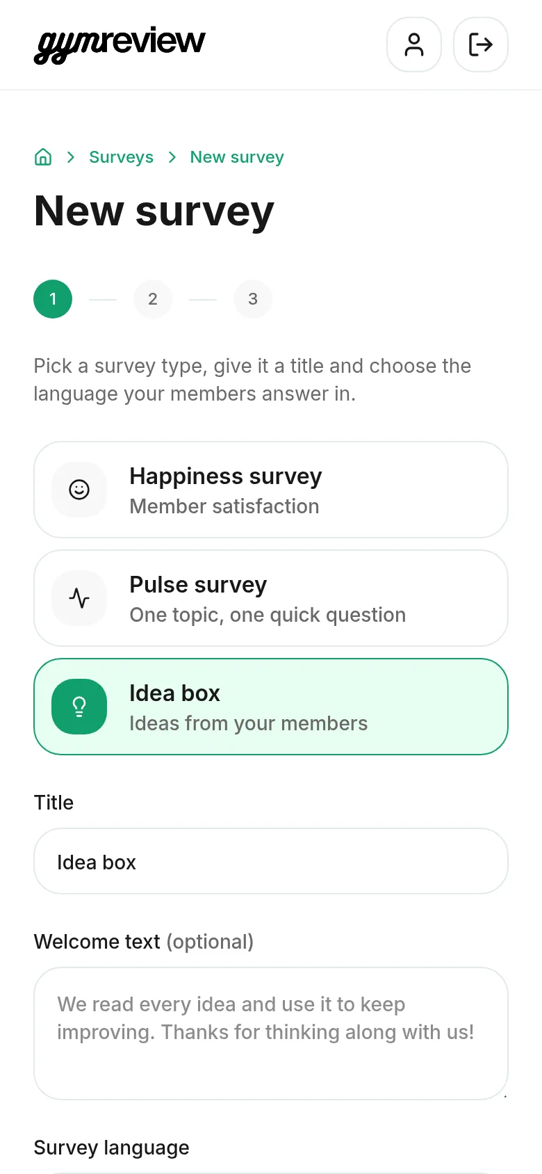 Step 1 of an Idea box: type, title and welcome text