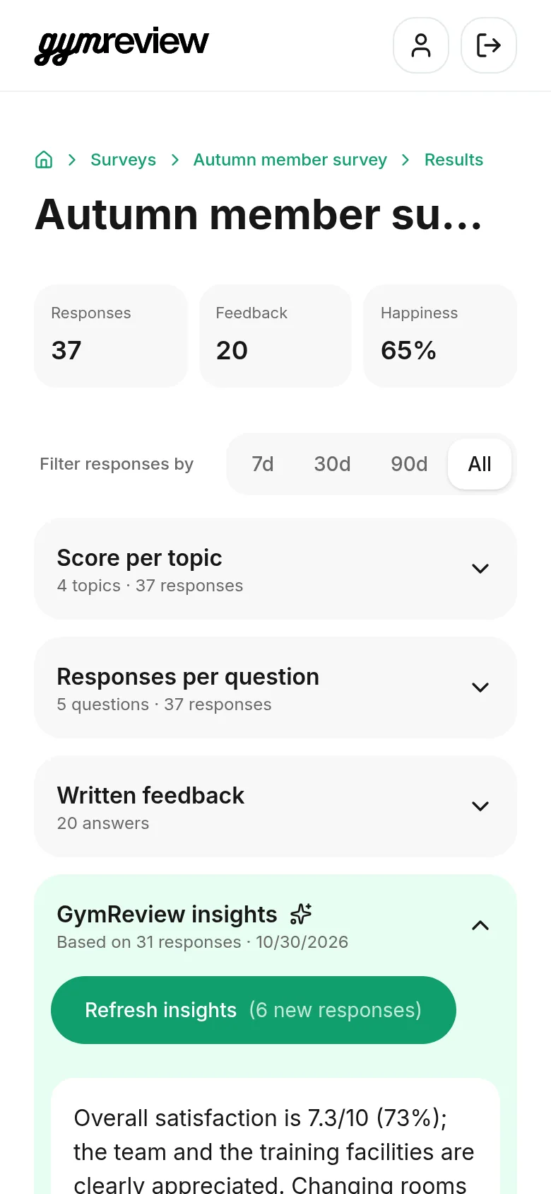 GymReview insights summary with refresh button