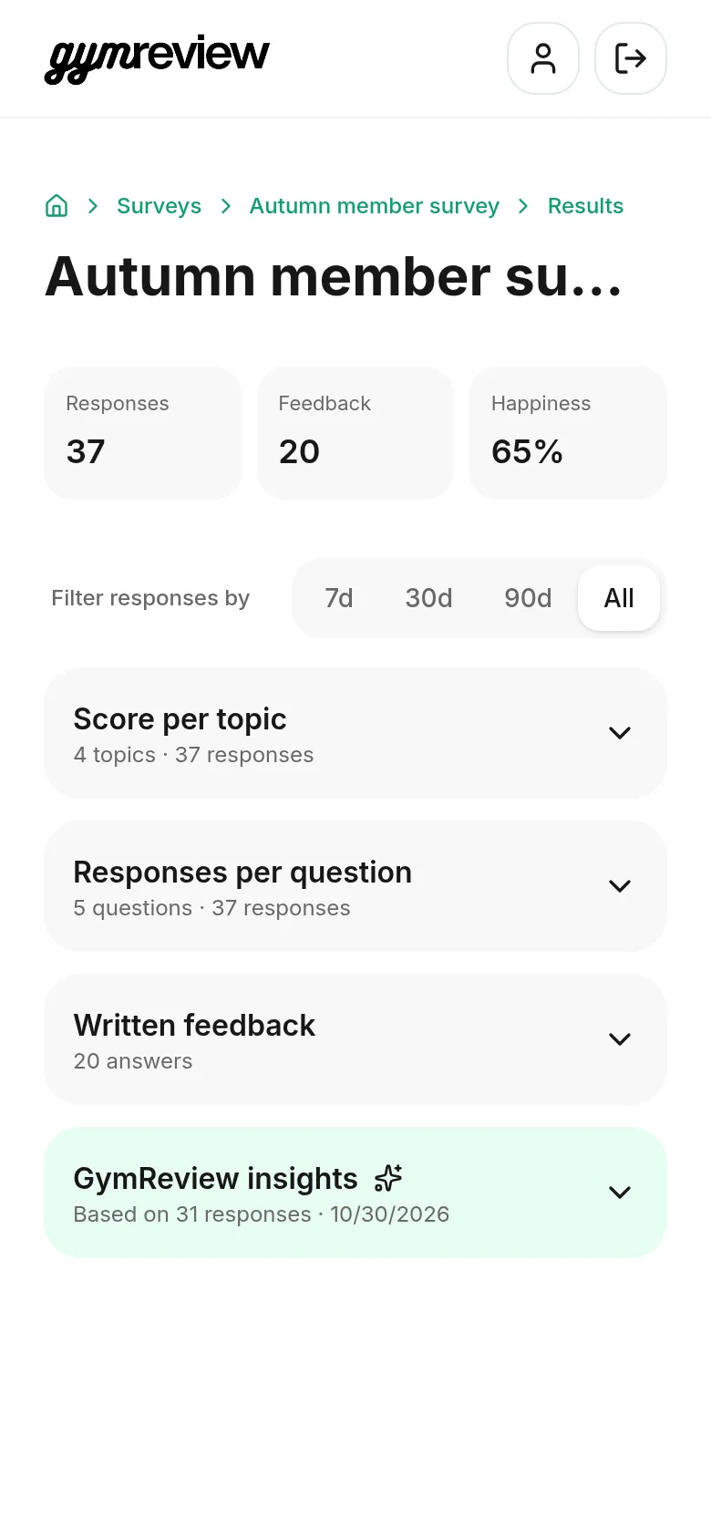 Results page with responses, feedback and happiness