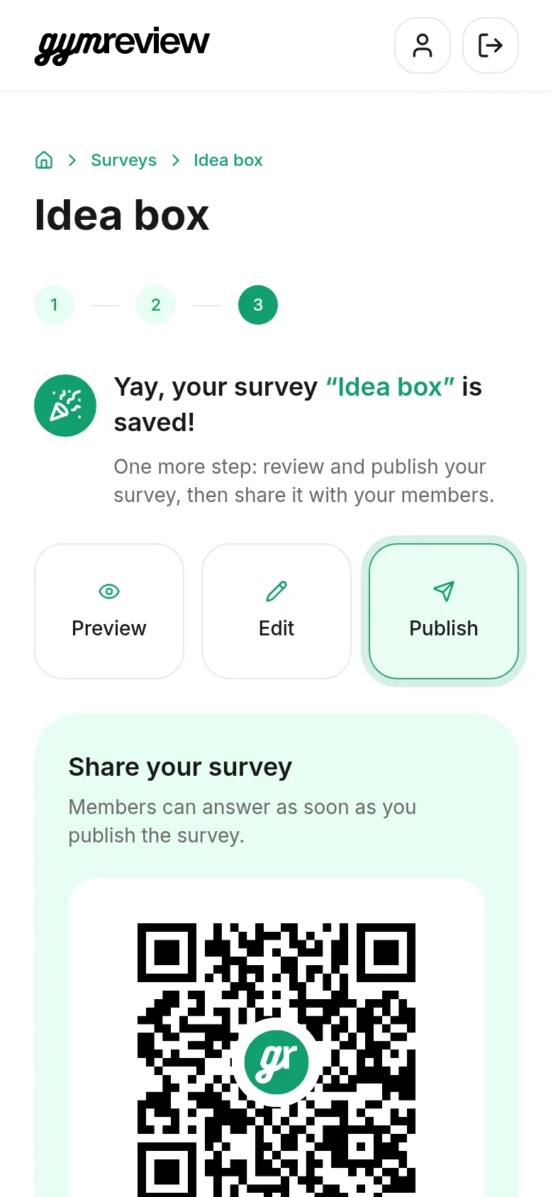 Idea box saved, with QR code and publish button