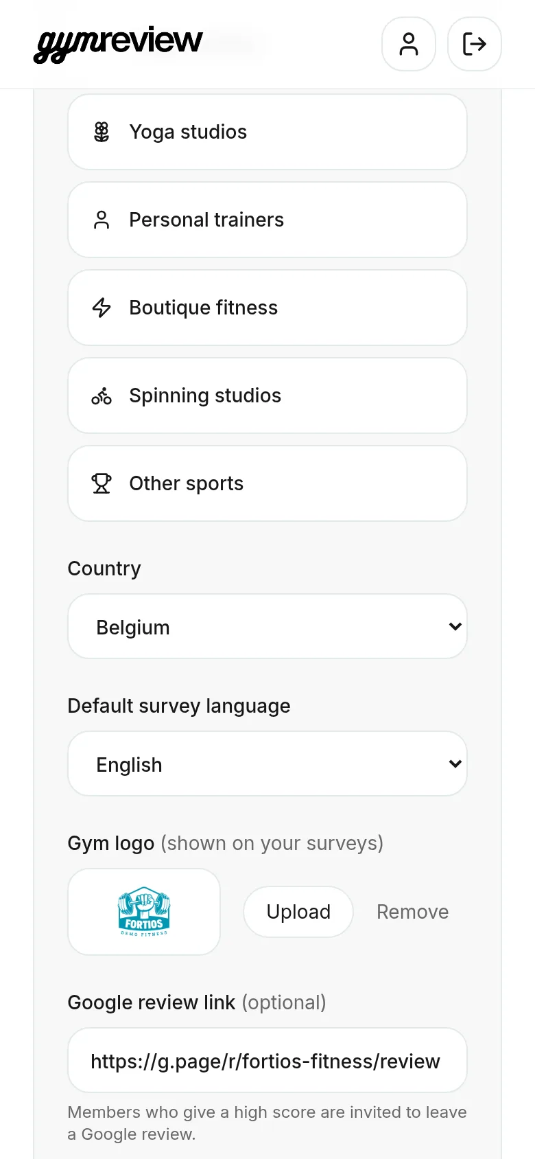 Country, default survey language, logo and Google review link