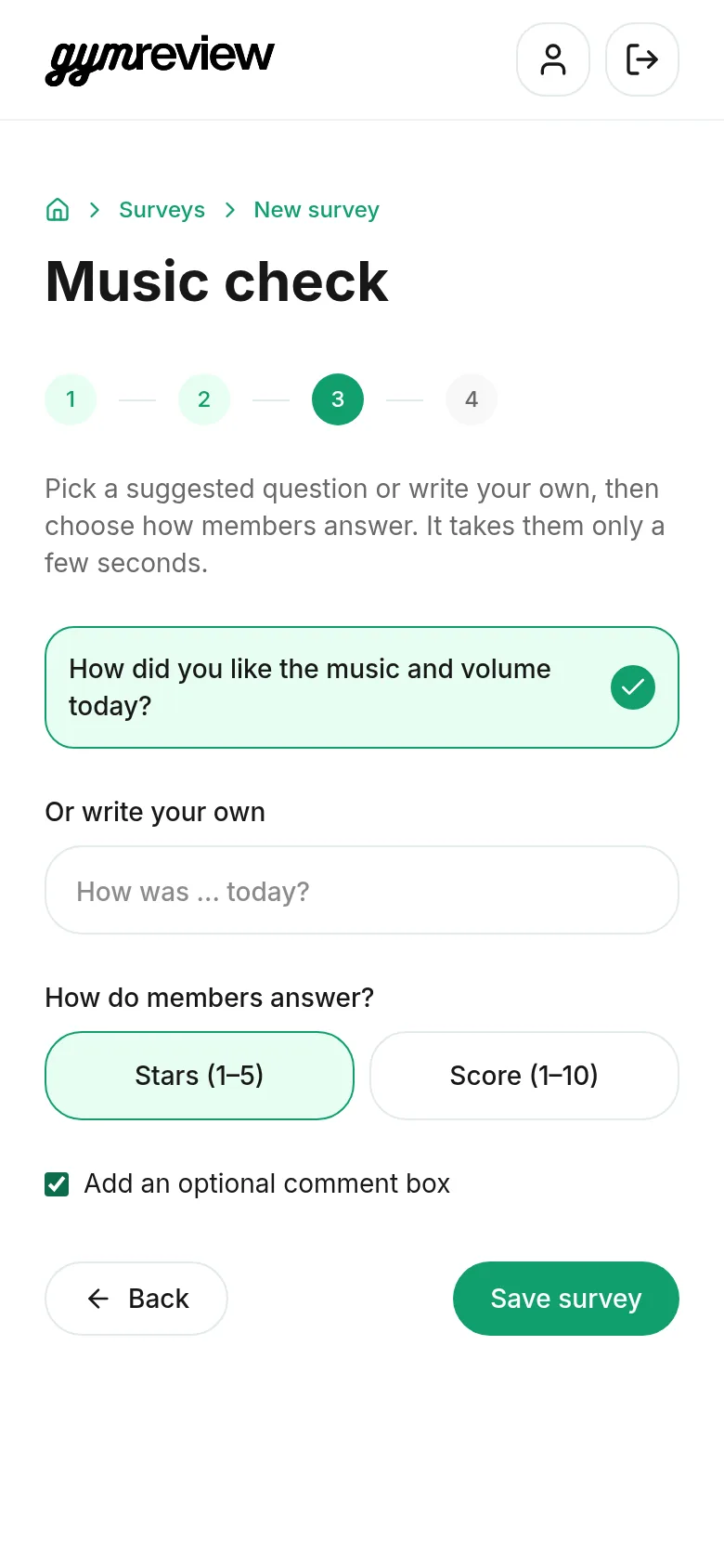 Pulse question with stars and optional comment box